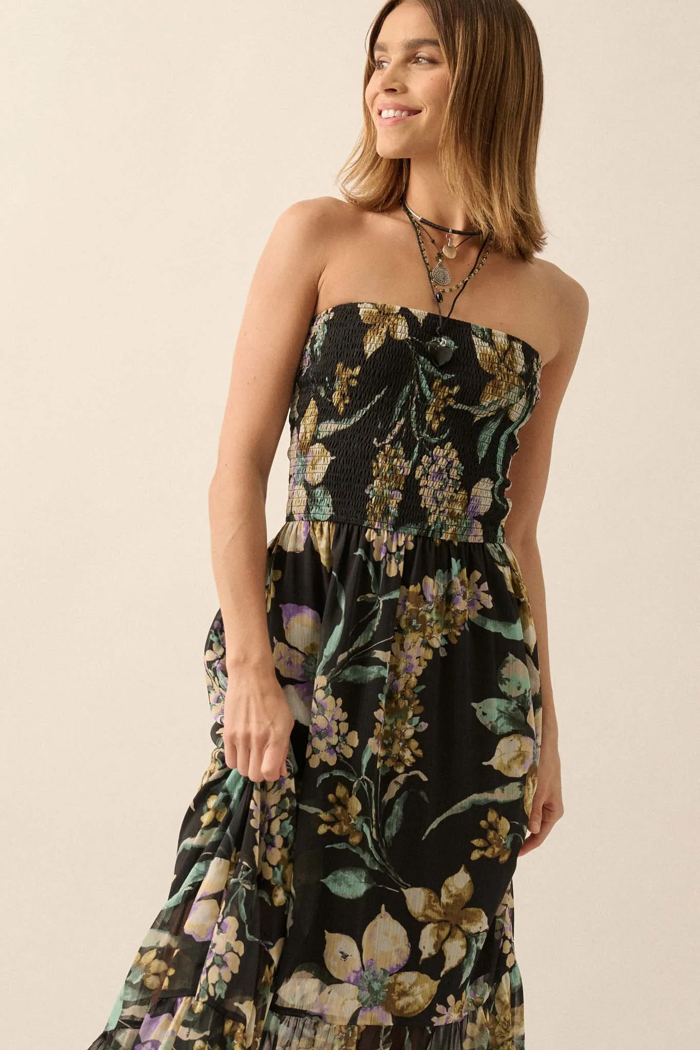 Radiant Garden Floral Chiffon Strapless Maxi Dress