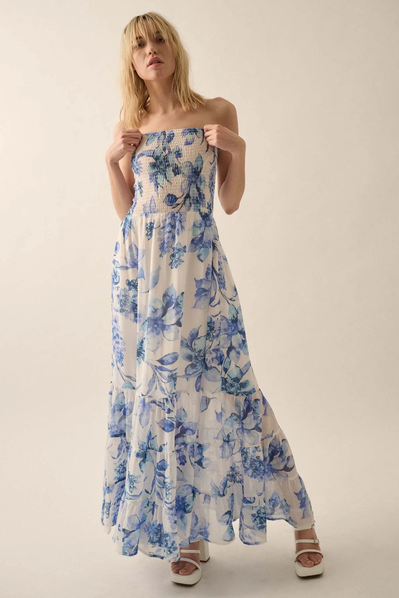 Radiant Garden Floral Chiffon Strapless Maxi Dress