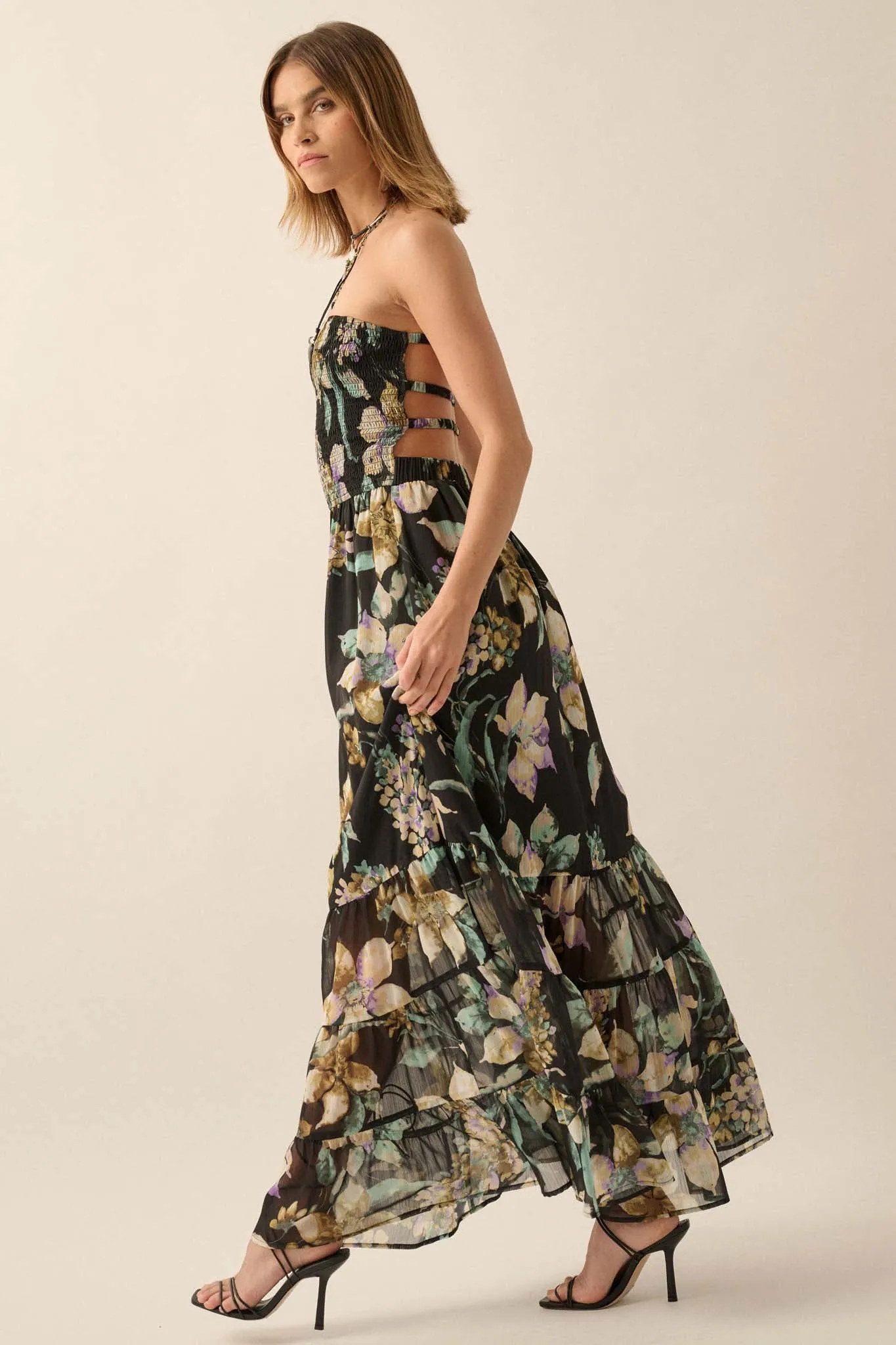 Radiant Garden Floral Chiffon Strapless Maxi Dress