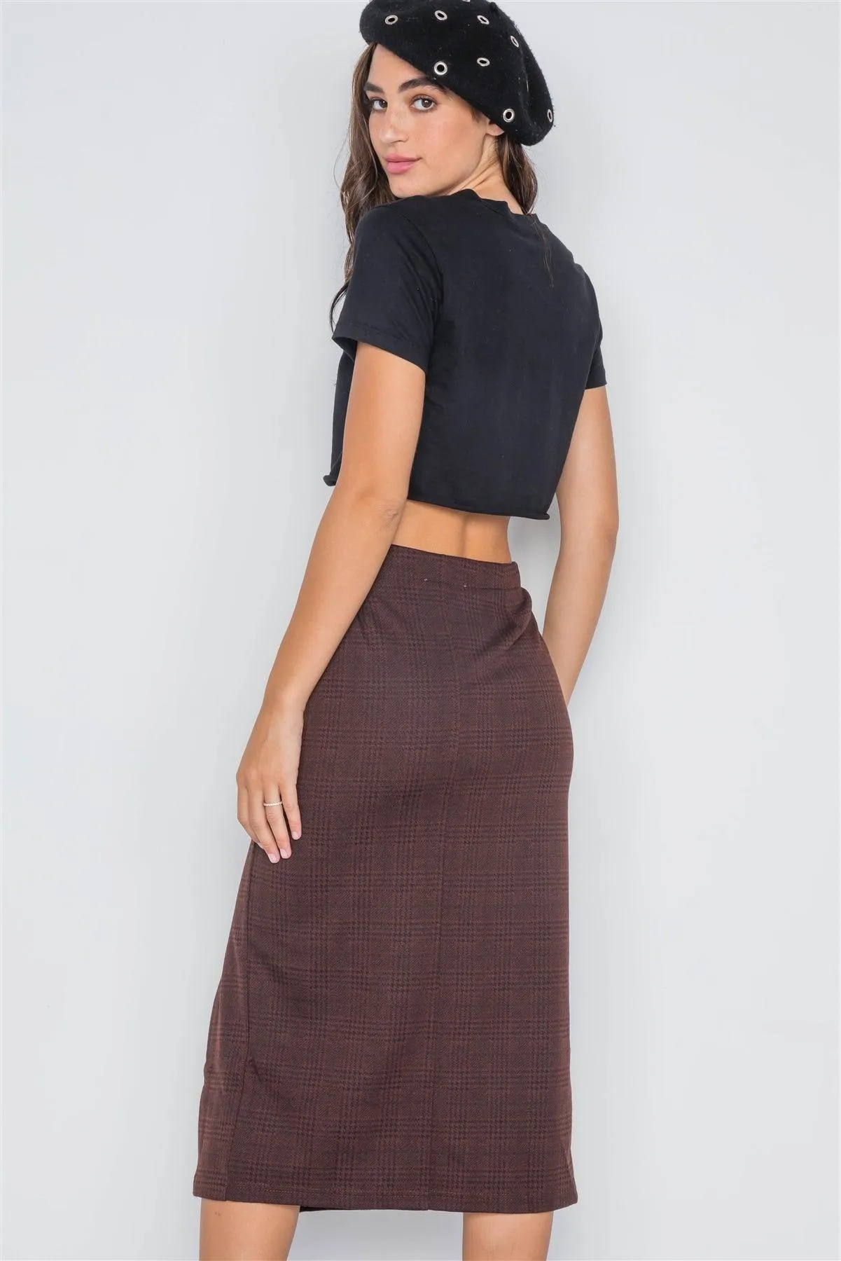 Redwood Plaid High-Waist Side Slit Pencil Skirt / 3-2-1