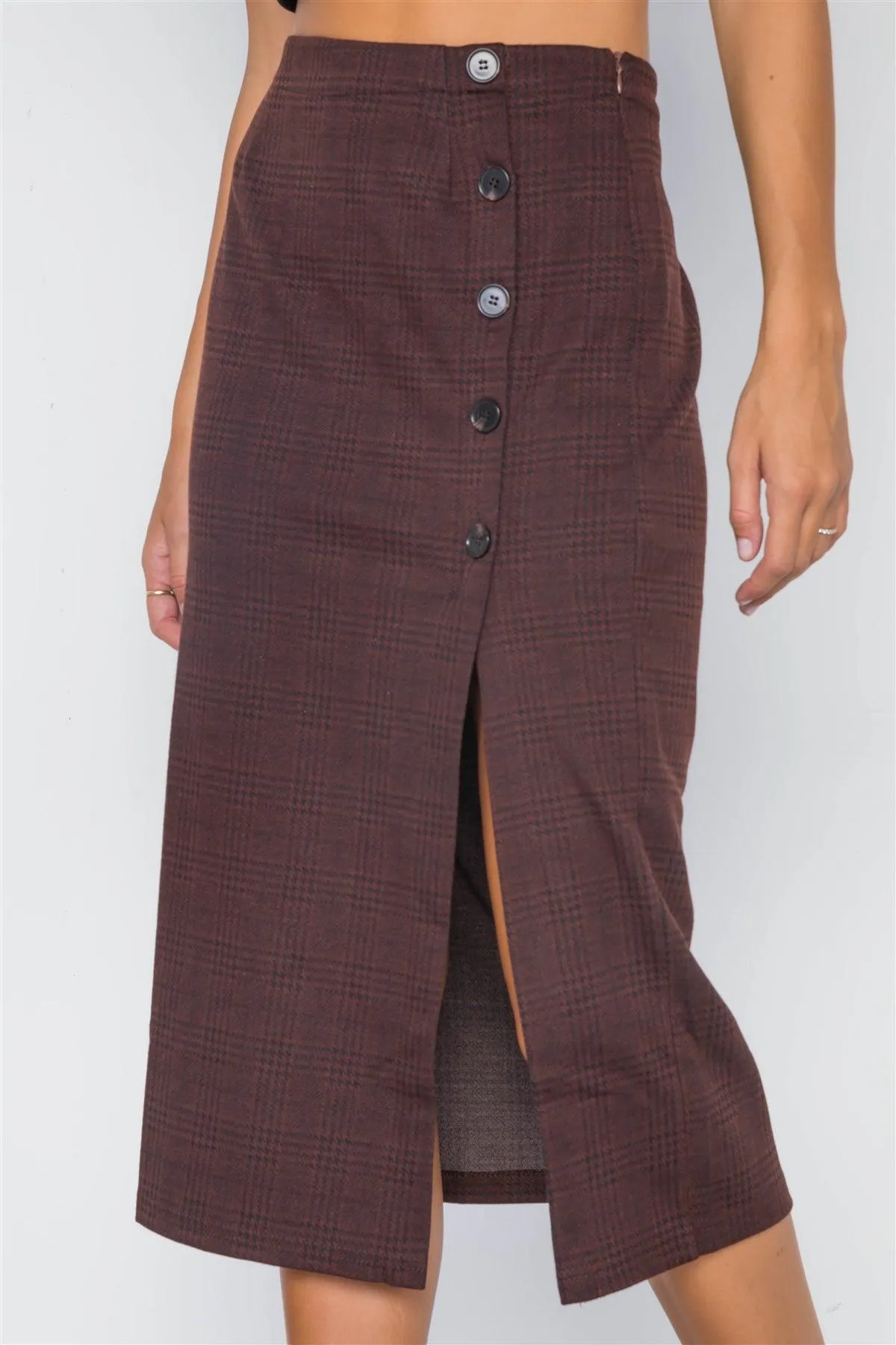 Redwood Plaid High-Waist Side Slit Pencil Skirt / 3-2-1