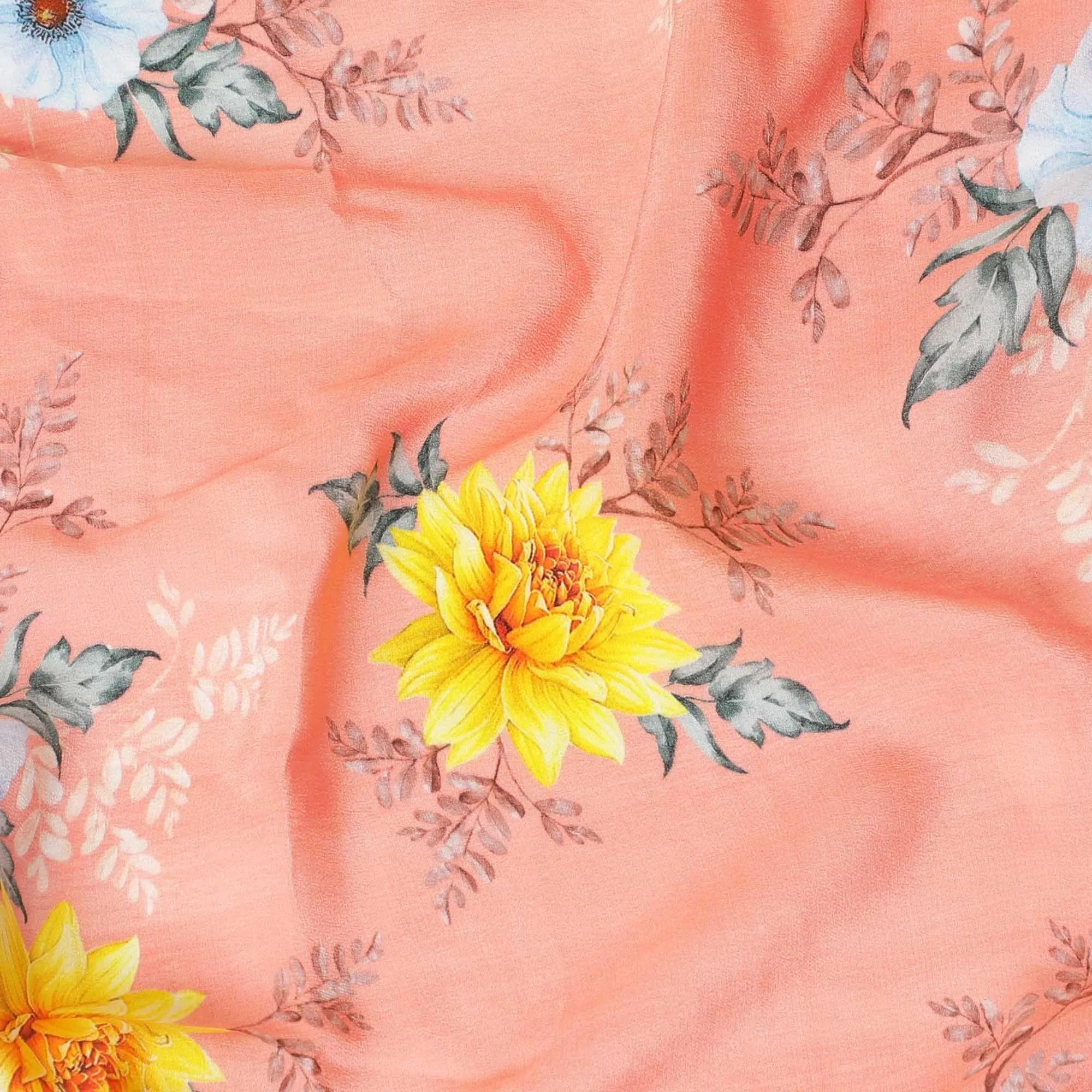 Salmon orange premium pure silk crepe fabric with sun flower yellow, baby blue and beige print in floral design-D9393