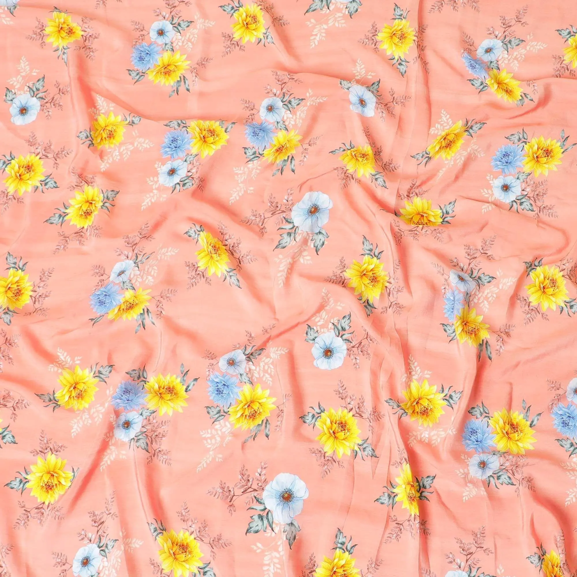 Salmon orange premium pure silk crepe fabric with sun flower yellow, baby blue and beige print in floral design-D9393