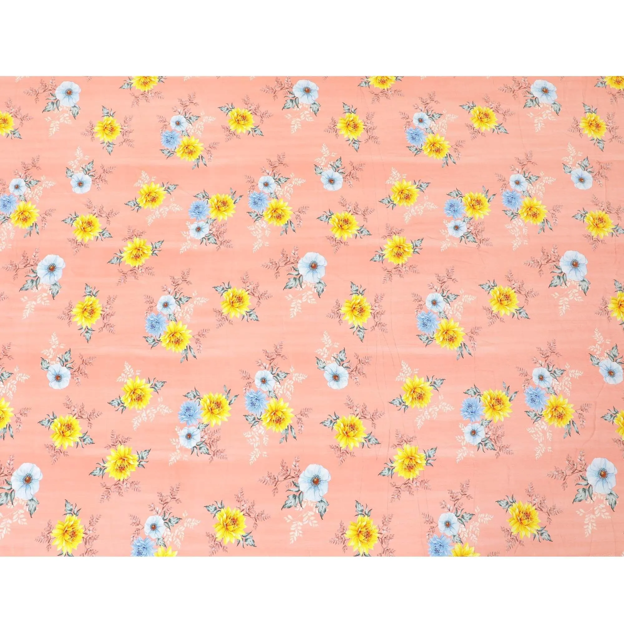 Salmon orange premium pure silk crepe fabric with sun flower yellow, baby blue and beige print in floral design-D9393