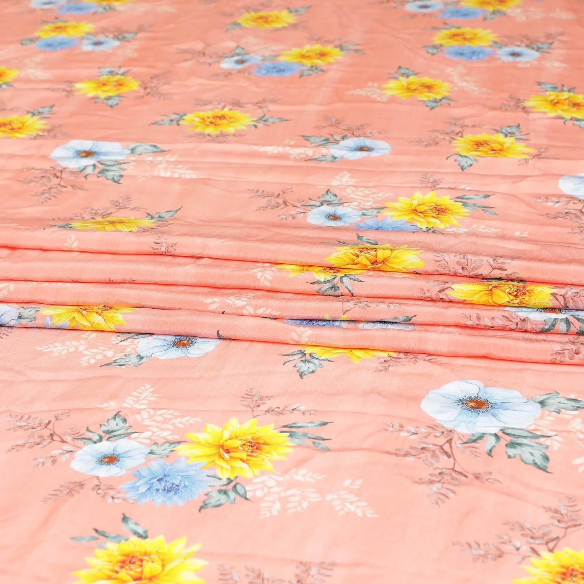 Salmon orange premium pure silk crepe fabric with sun flower yellow, baby blue and beige print in floral design-D9393