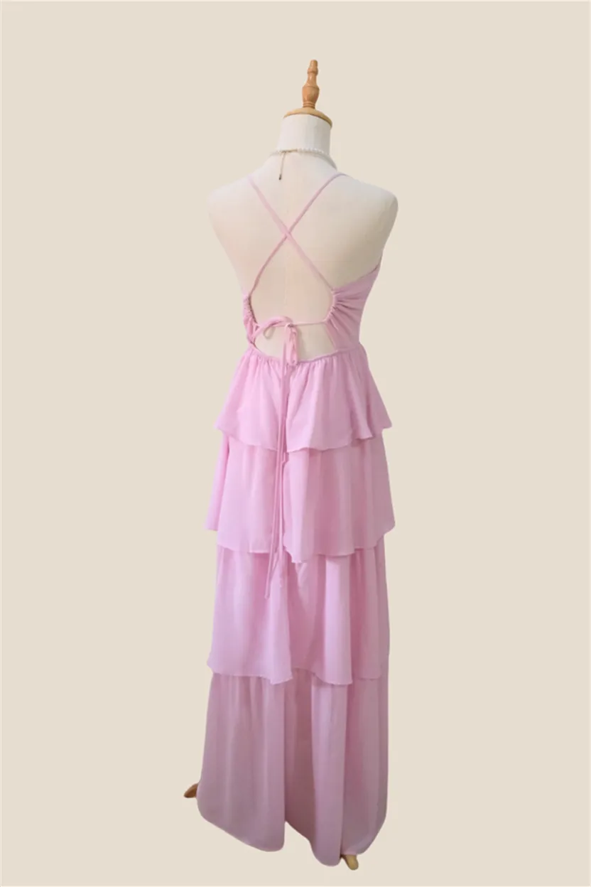 Spaghetti Straps Pink Tiered Chiffon Long Dress