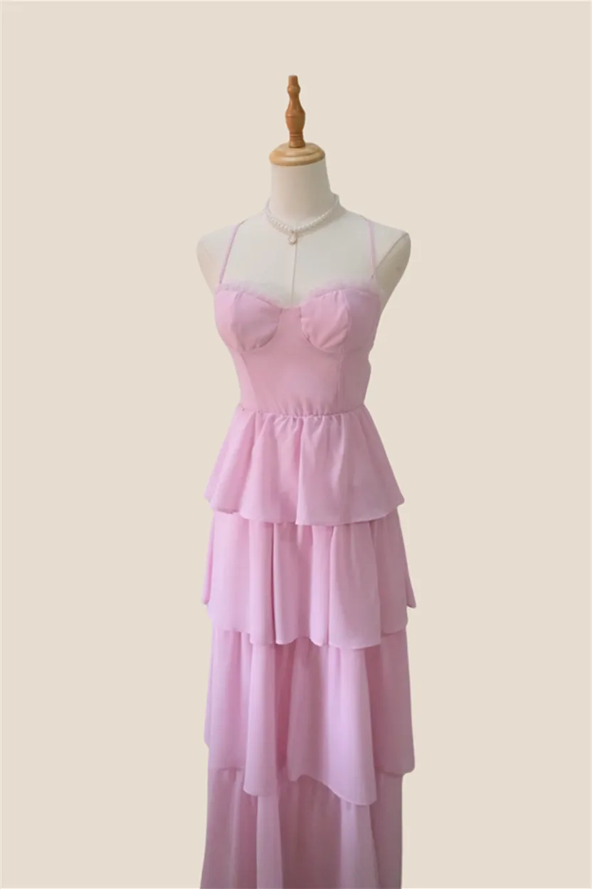 Spaghetti Straps Pink Tiered Chiffon Long Dress