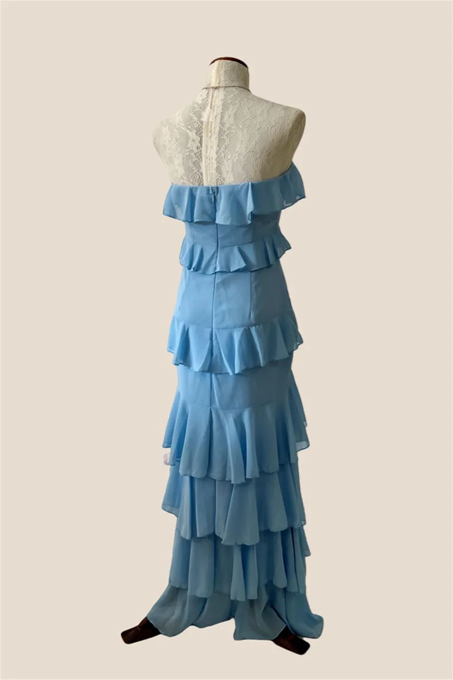 Strapless Blue Ruffle Tiered Long Chiffon Dress