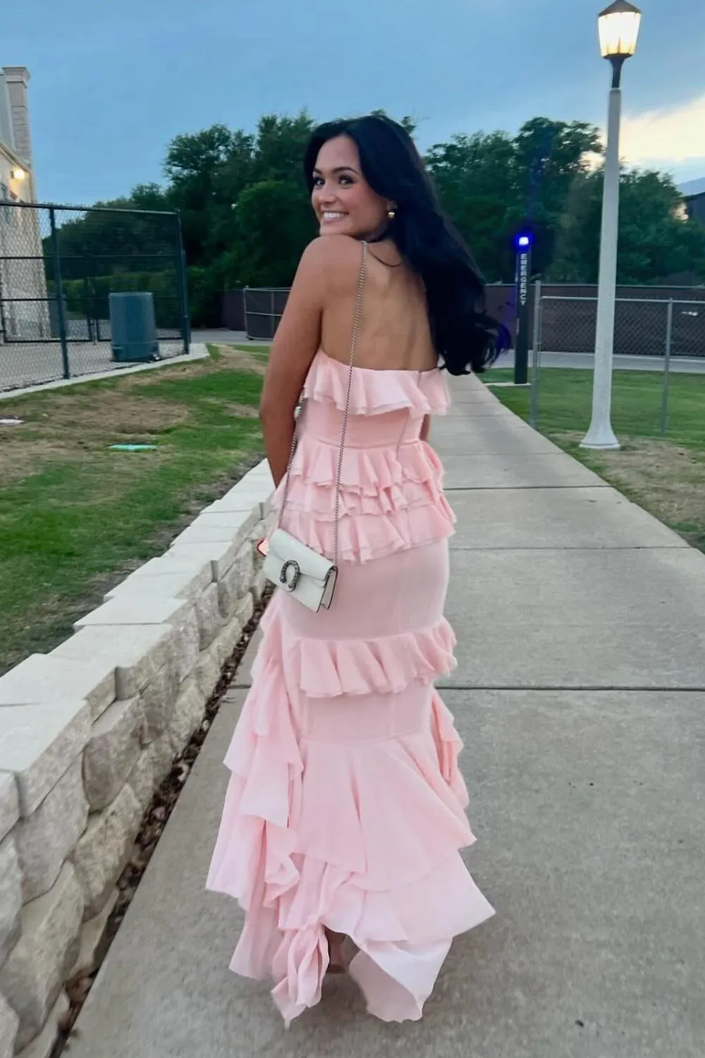 Strapless Blue Ruffle Tiered Long Chiffon Dress