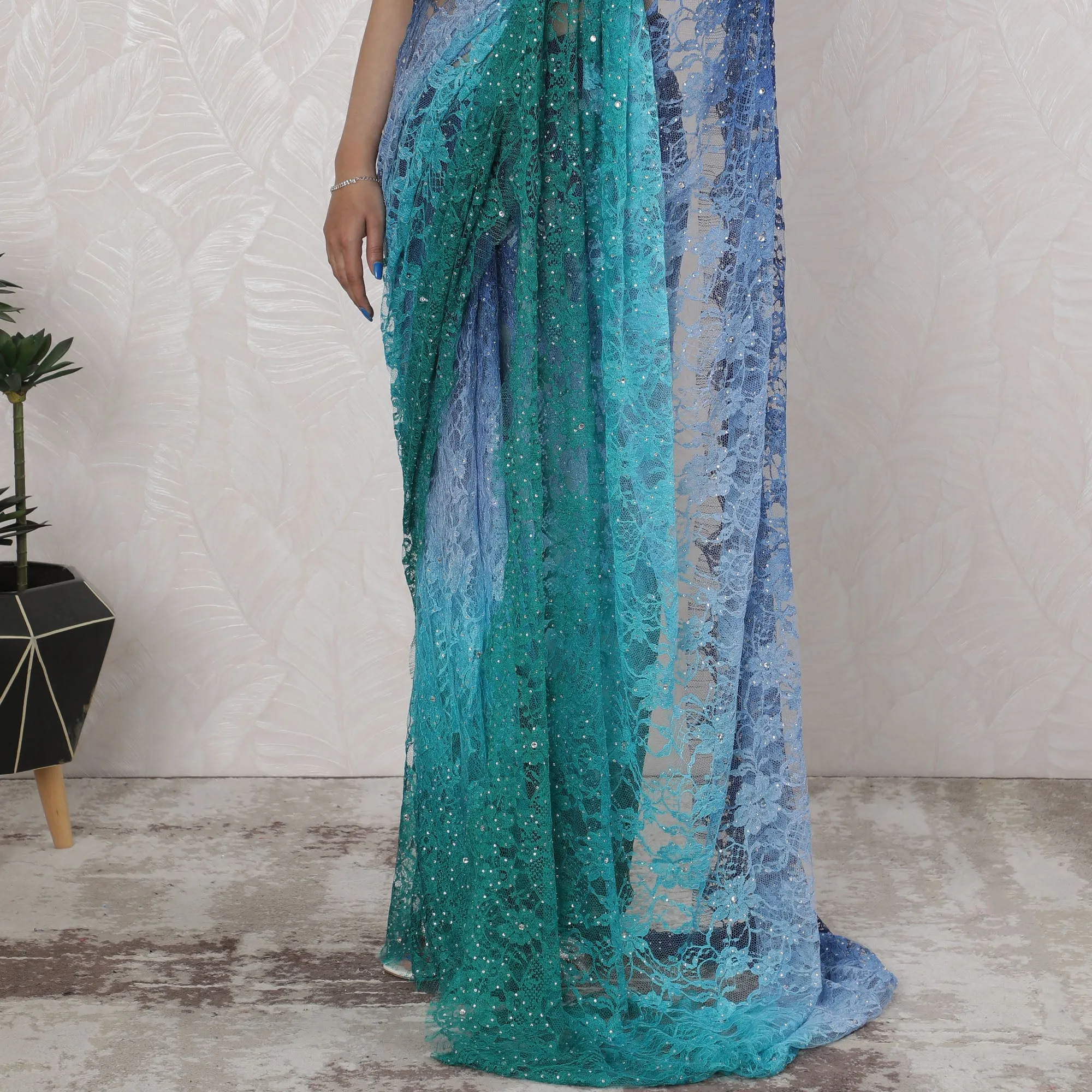 Stunning French Ombre Chantilly Lace Saree with Stone Work in Blue and Green - 5.5 Mtrs, 110 cm-D19517