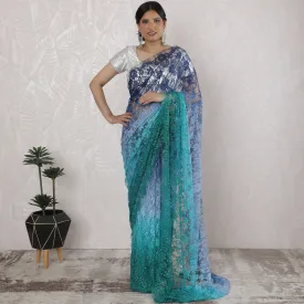 Stunning French Ombre Chantilly Lace Saree with Stone Work in Blue and Green - 5.5 Mtrs, 110 cm-D19517