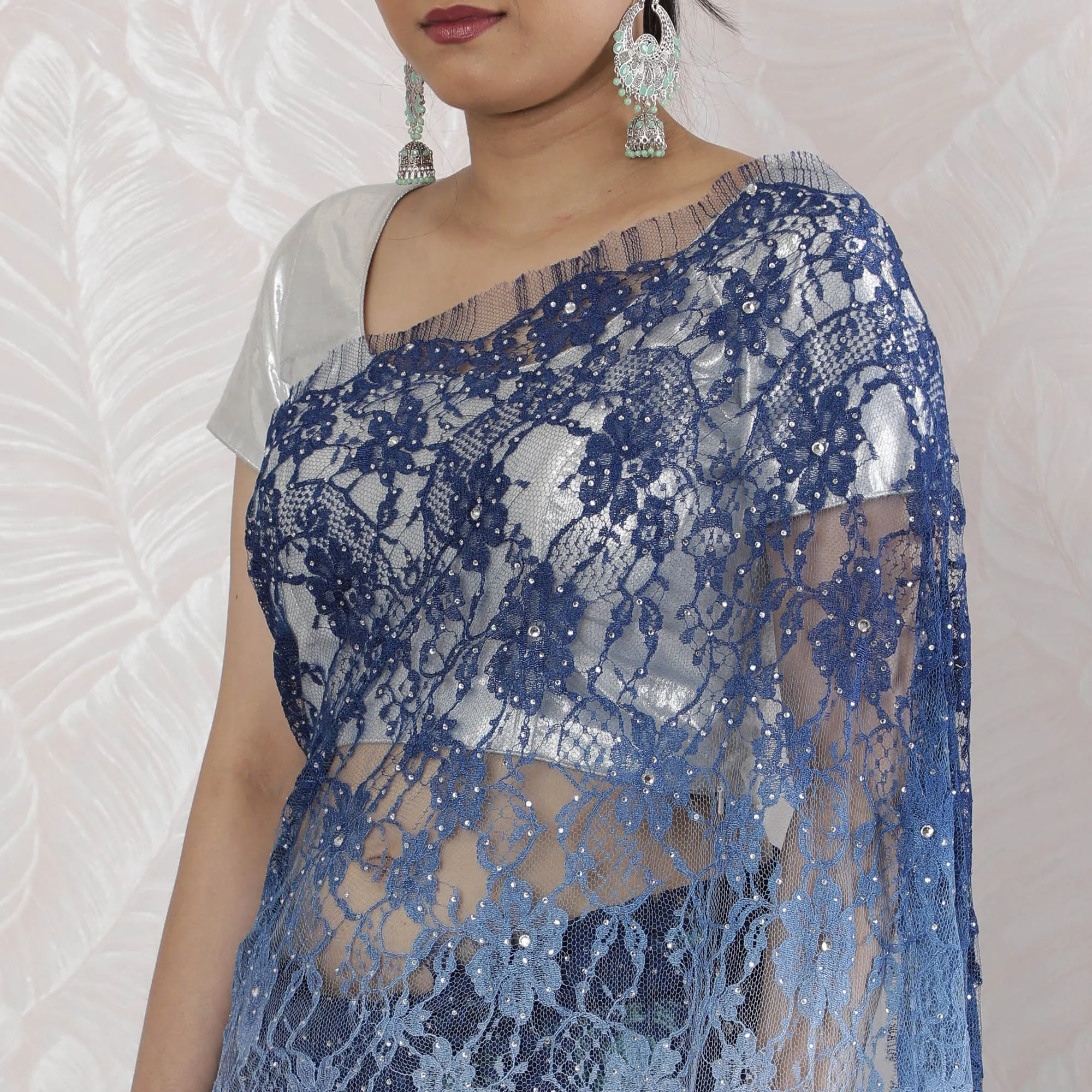 Stunning French Ombre Chantilly Lace Saree with Stone Work in Blue and Green - 5.5 Mtrs, 110 cm-D19517