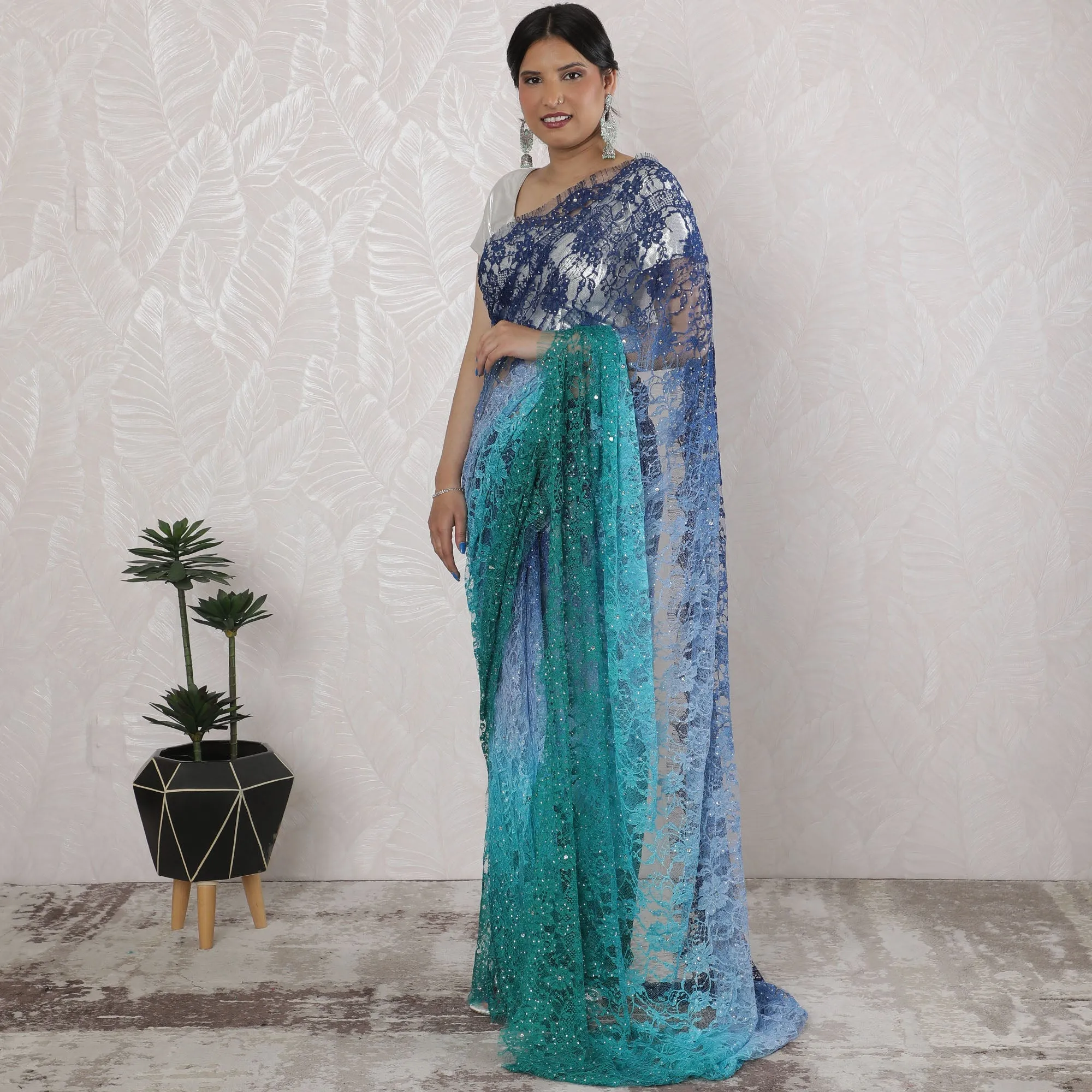 Stunning French Ombre Chantilly Lace Saree with Stone Work in Blue and Green - 5.5 Mtrs, 110 cm-D19517