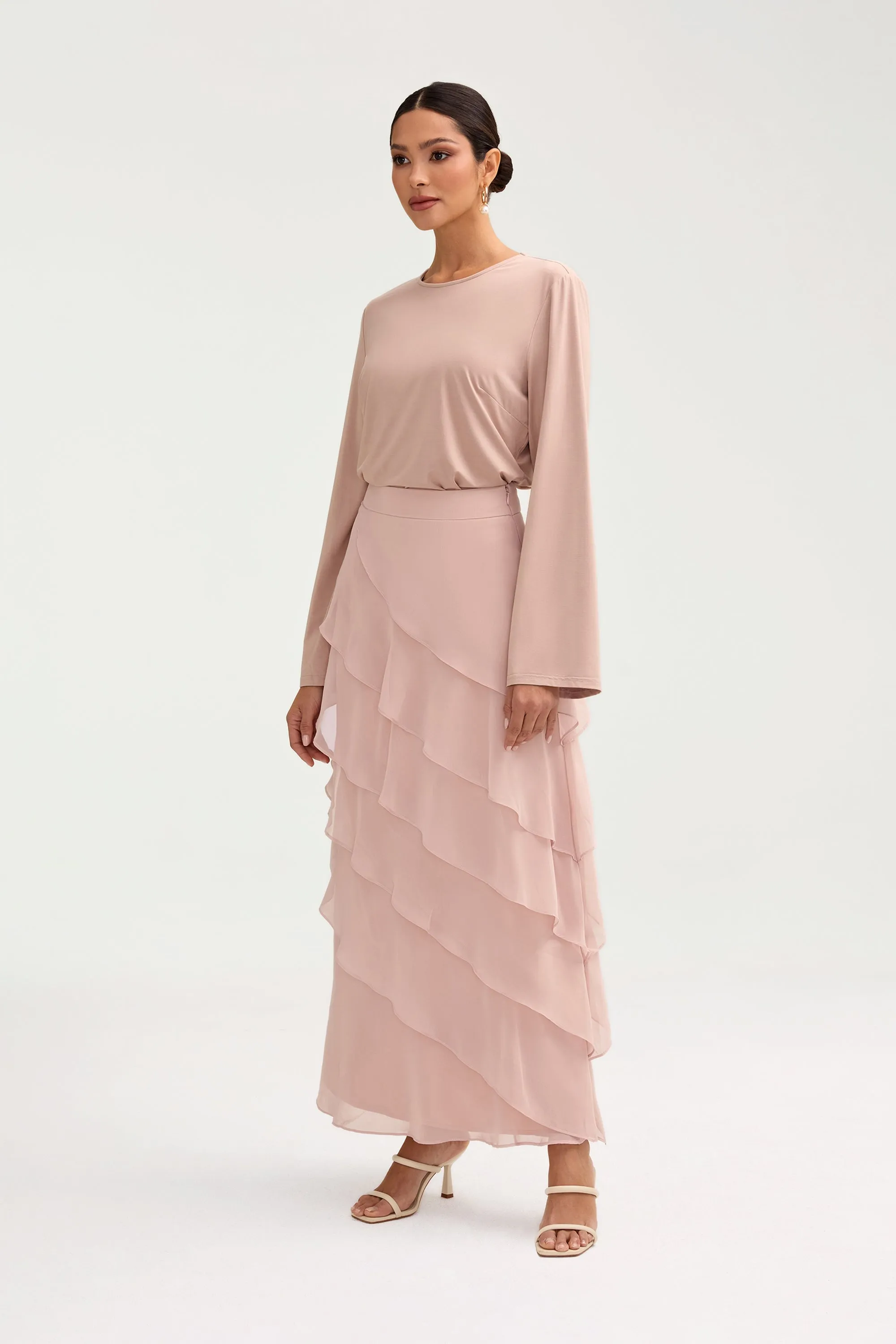 Tasnima Tiered Chiffon Maxi Skirt - Jasmine Pink