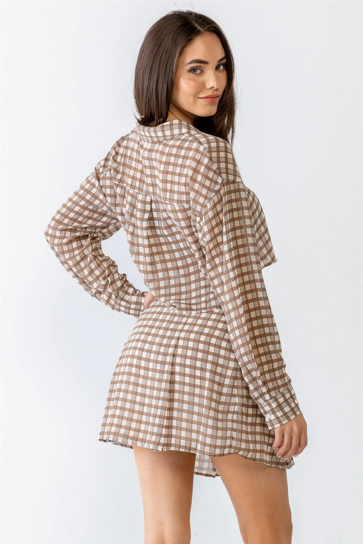 Taupe Brown Plaid Print Collared Button-Up Crop Top & High Waist Mini Skirt Set