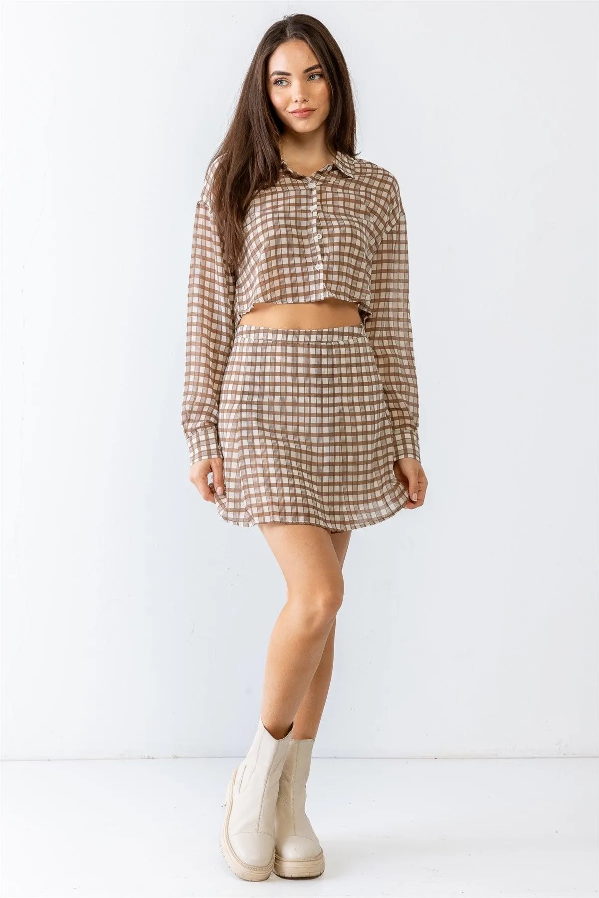 Taupe Brown Plaid Print Collared Button-Up Crop Top & High Waist Mini Skirt Set