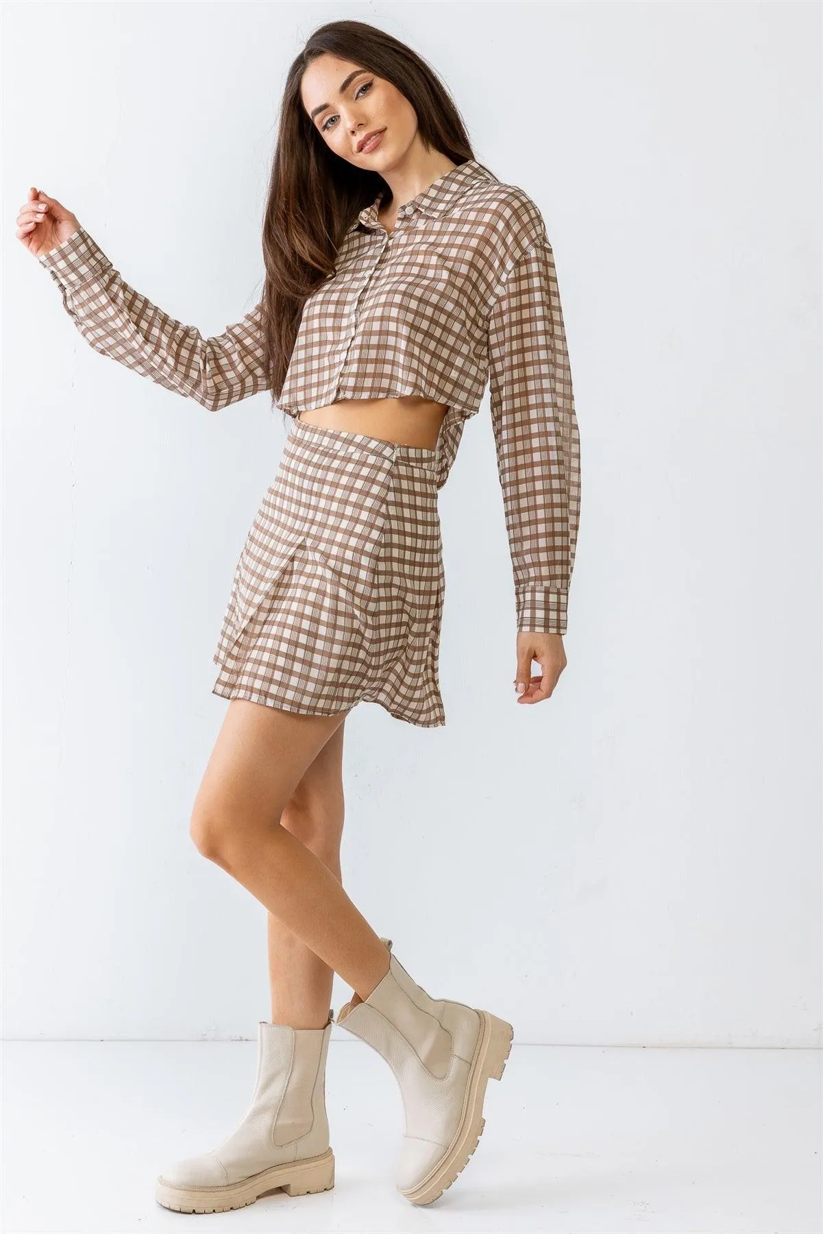 Taupe Brown Plaid Print Collared Button-Up Crop Top & High Waist Mini Skirt Set