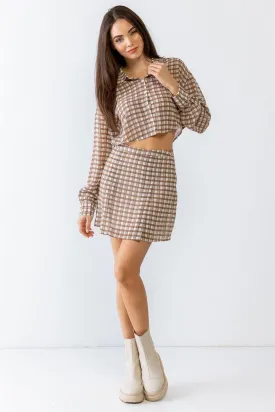 Taupe Brown Plaid Print Collared Button-Up Crop Top & High Waist Mini Skirt Set