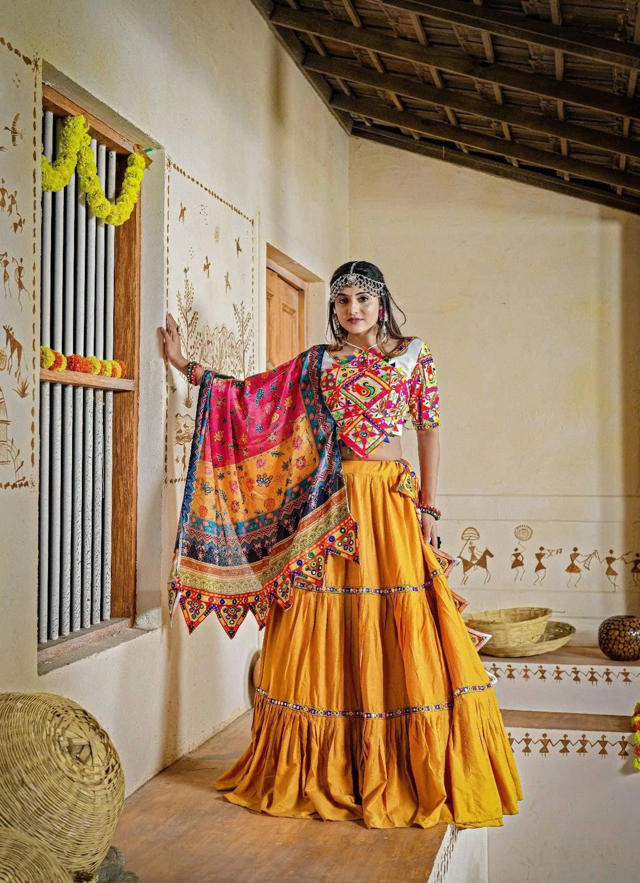 Three Tal Traditional Rayon Navratri Lehenga Choli Set