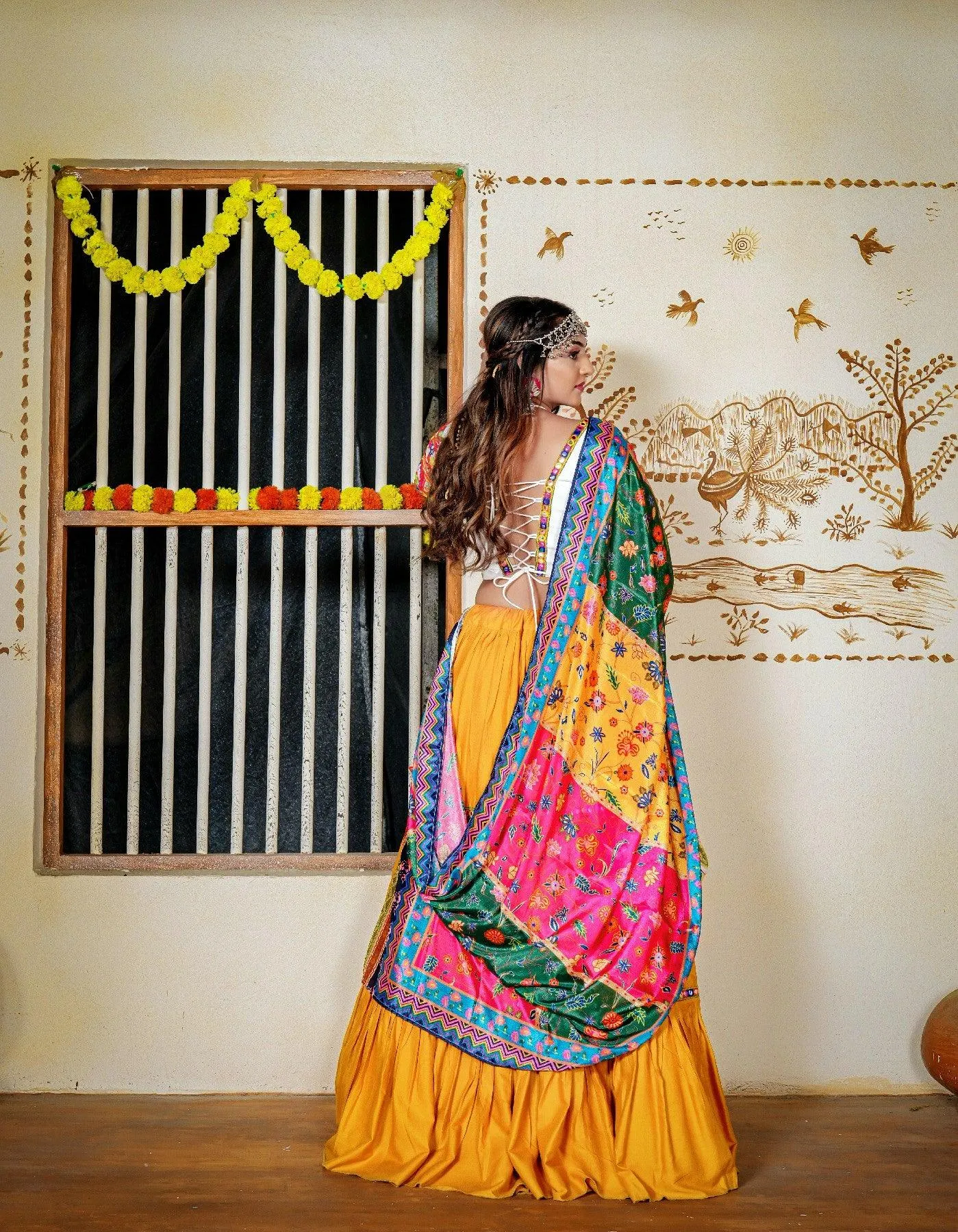 Three Tal Traditional Rayon Navratri Lehenga Choli Set