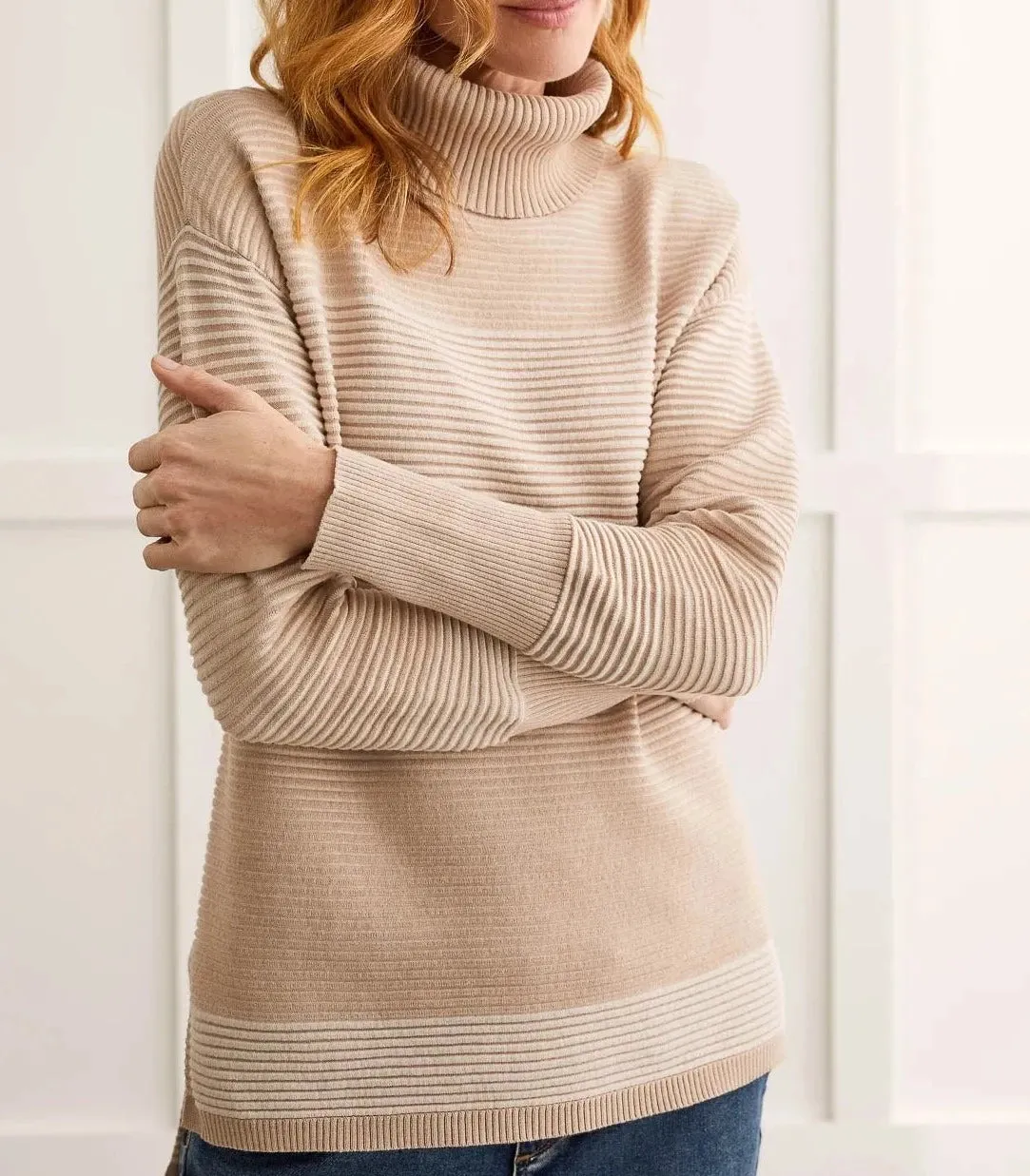 Two-Tone Ottoman Turtleneck Tunic Sweater