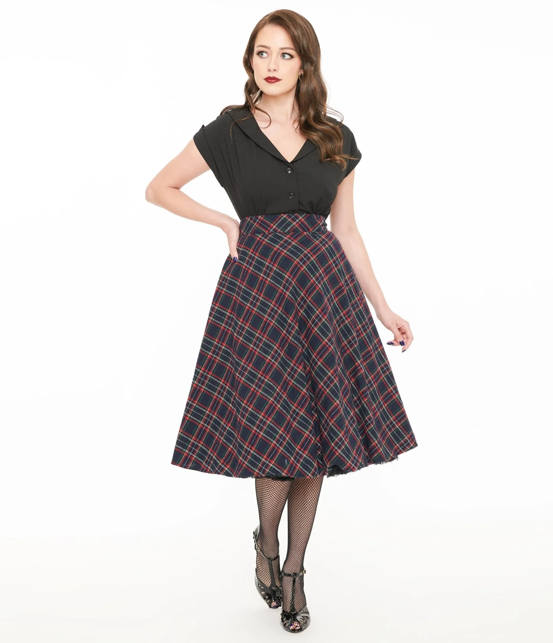 Unique Vintage 1950s Navy & Green Plaid High Waist Vivien Swing Skirt