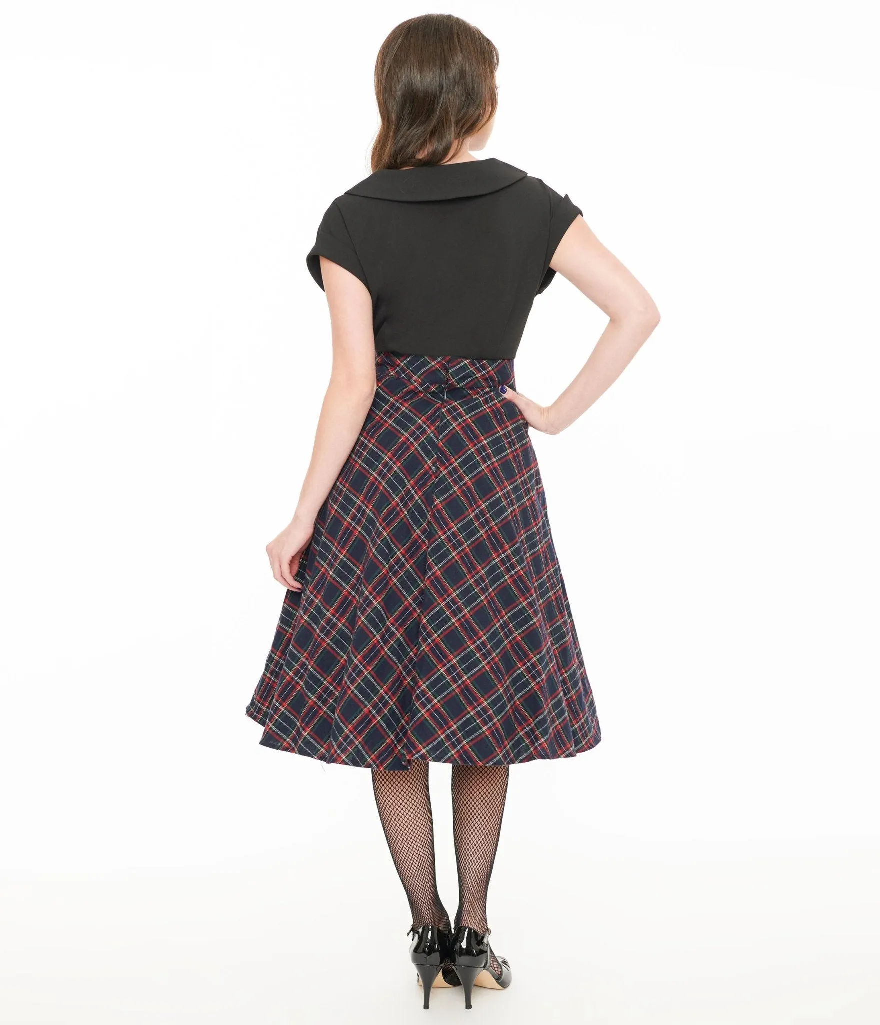 Unique Vintage 1950s Navy & Green Plaid High Waist Vivien Swing Skirt