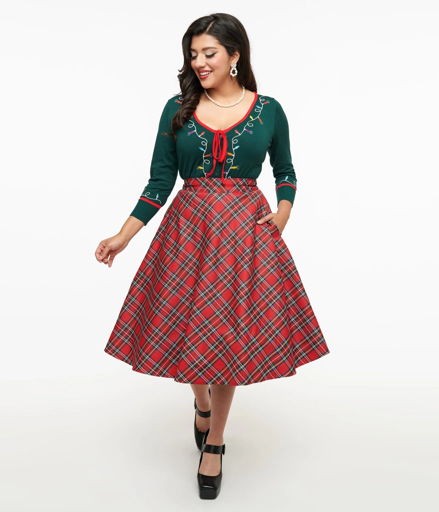 Unique Vintage 1950s Red Plaid High Waist Vivien Swing Skirt