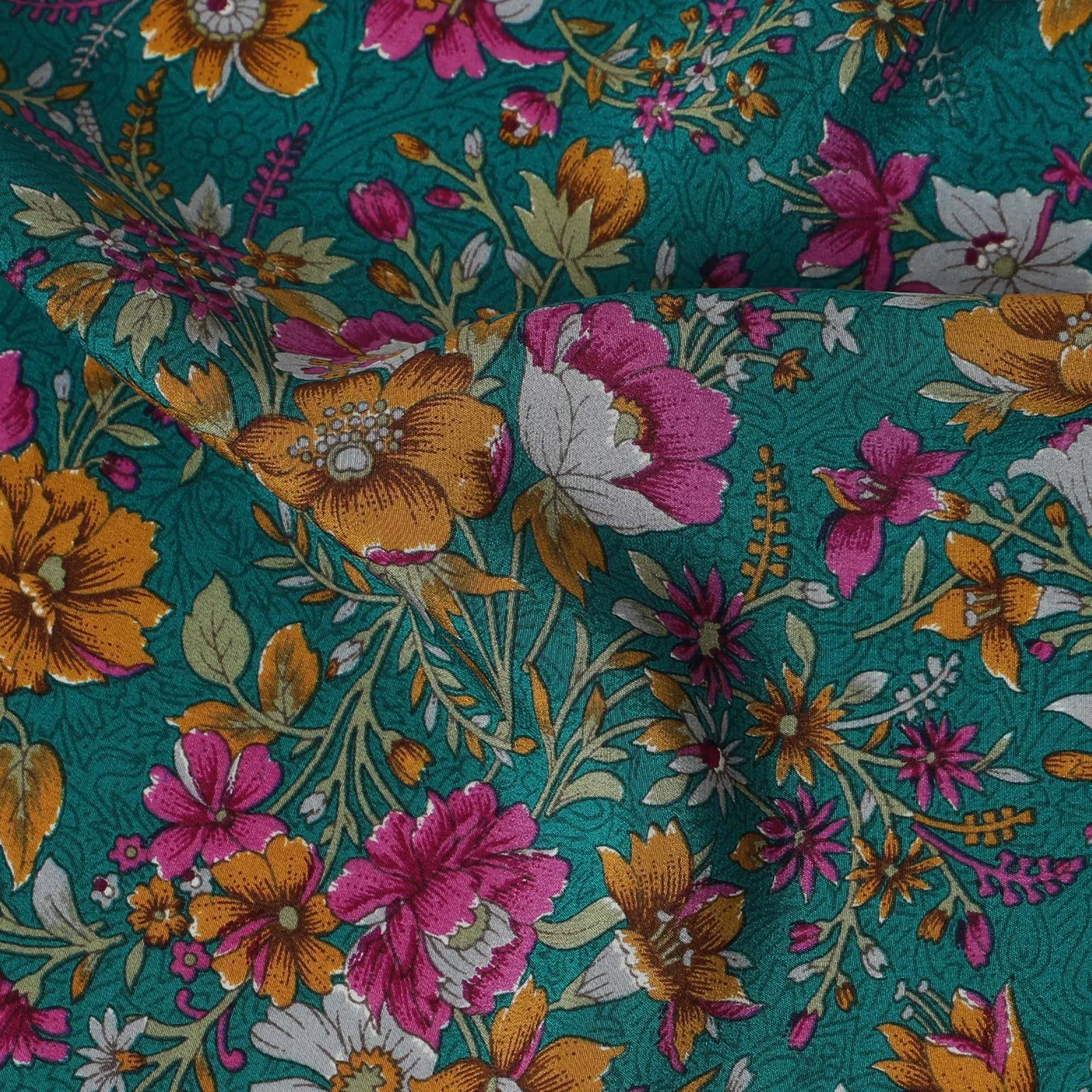 Vibrant Teal Green Floral Pure Silk Crepe Fabric - Shop Online by the Meter from India-D18184