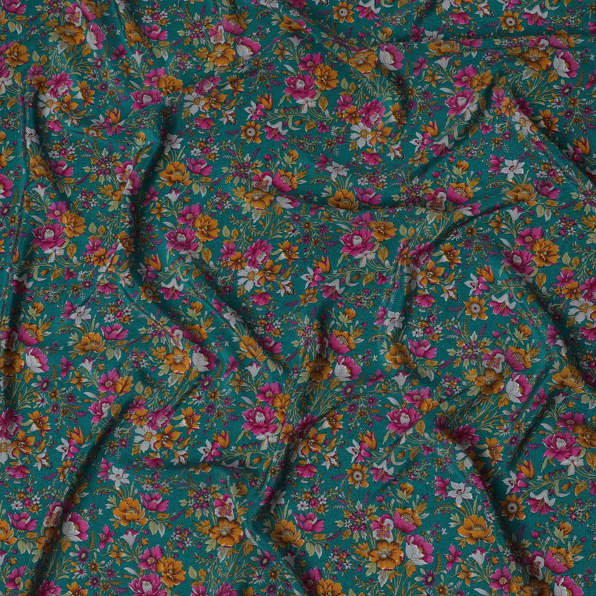 Vibrant Teal Green Floral Pure Silk Crepe Fabric - Shop Online by the Meter from India-D18184