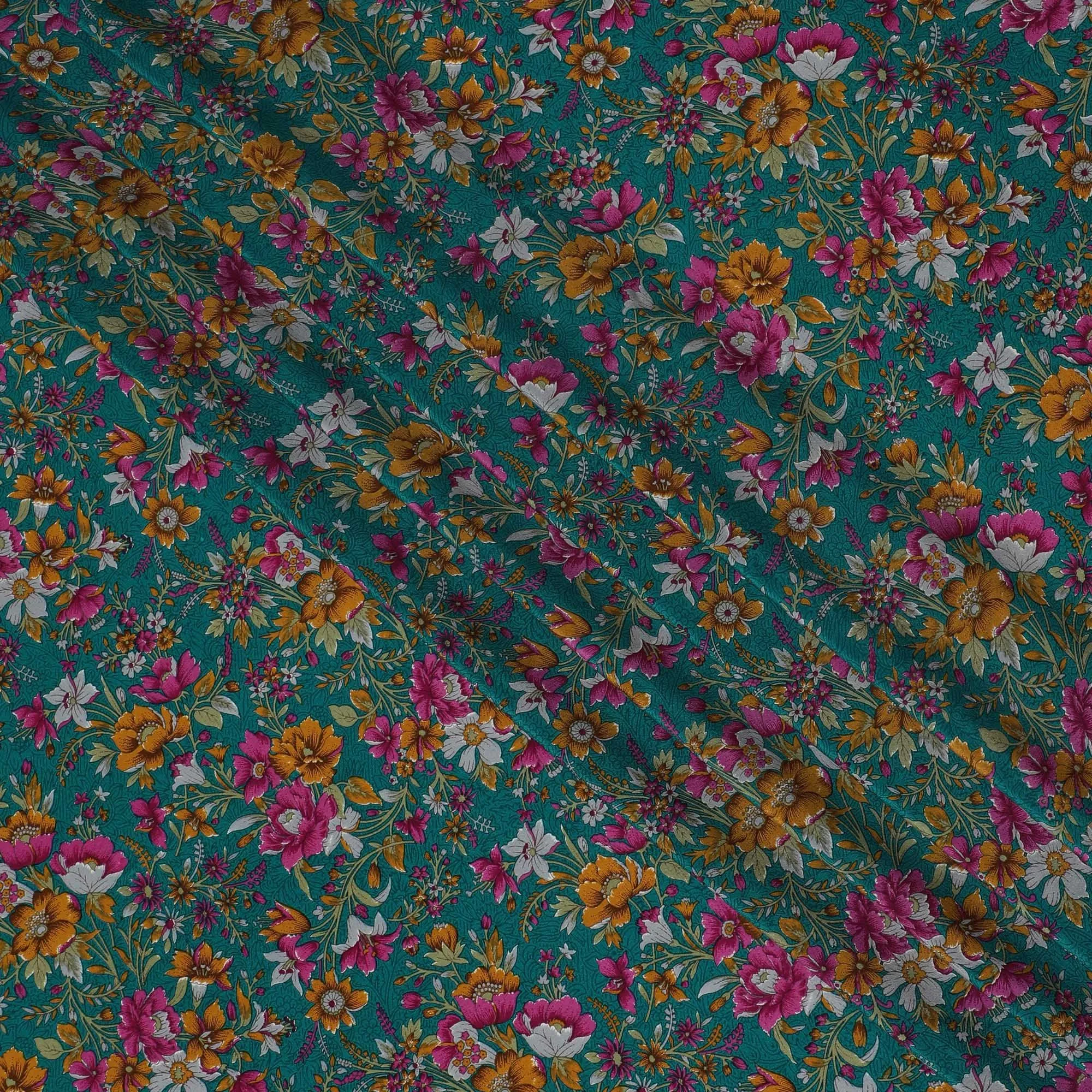 Vibrant Teal Green Floral Pure Silk Crepe Fabric - Shop Online by the Meter from India-D18184