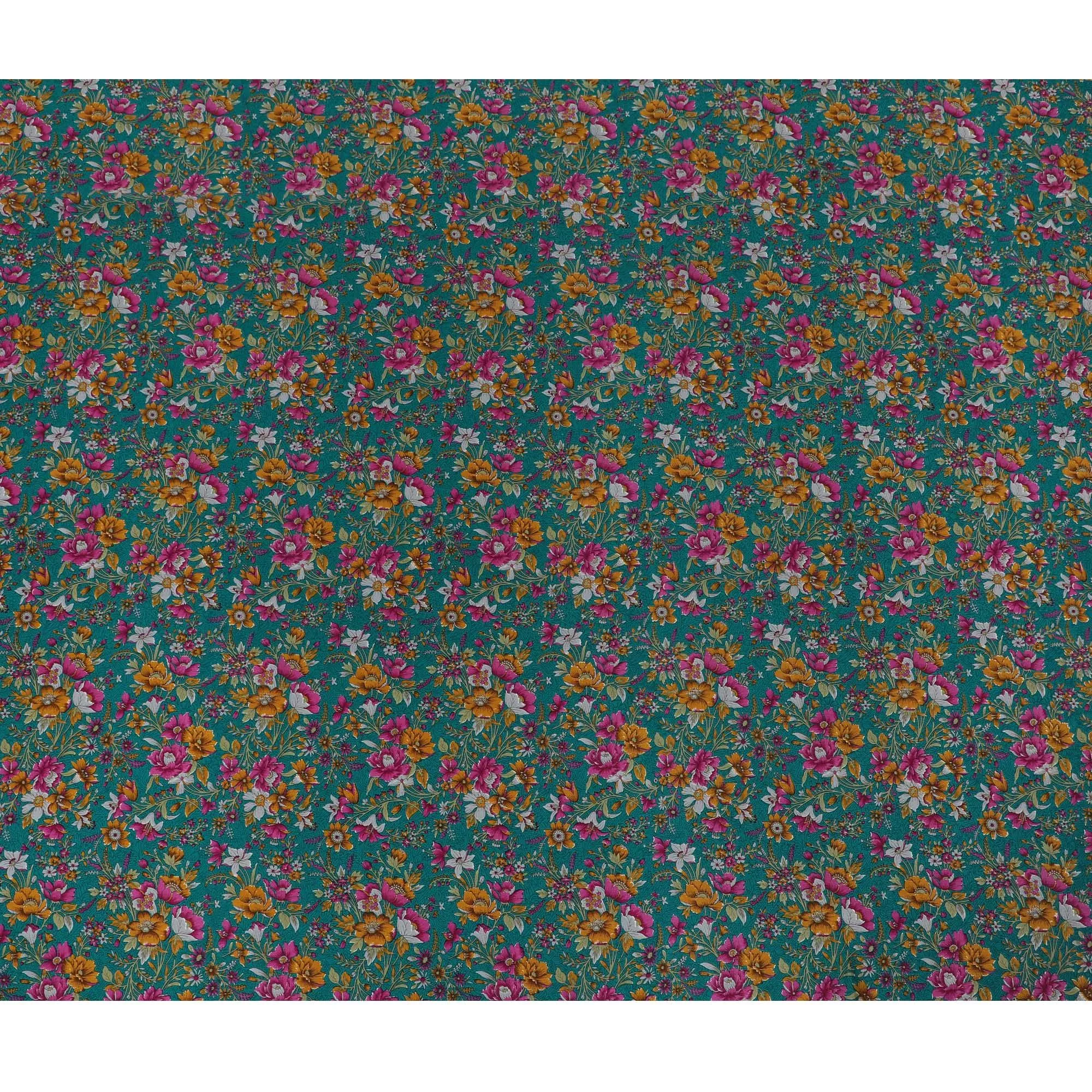 Vibrant Teal Green Floral Pure Silk Crepe Fabric - Shop Online by the Meter from India-D18184