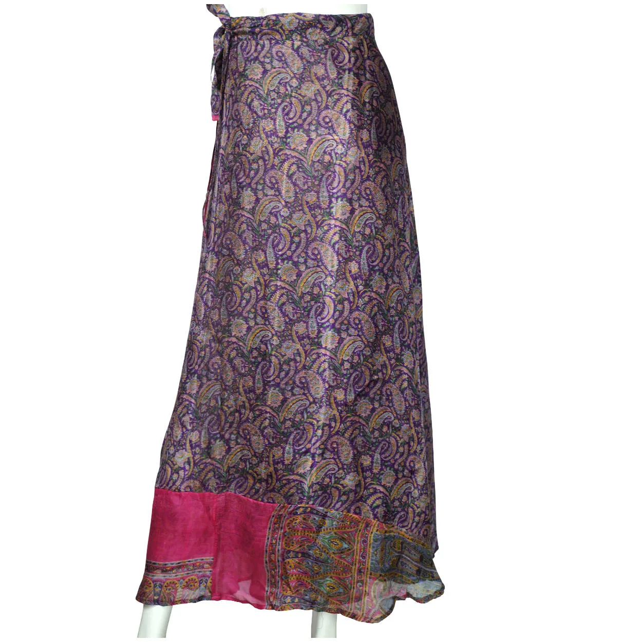 Vintage 1980s Indian Silk Wraparound Skirt Purple Paisley Print M L