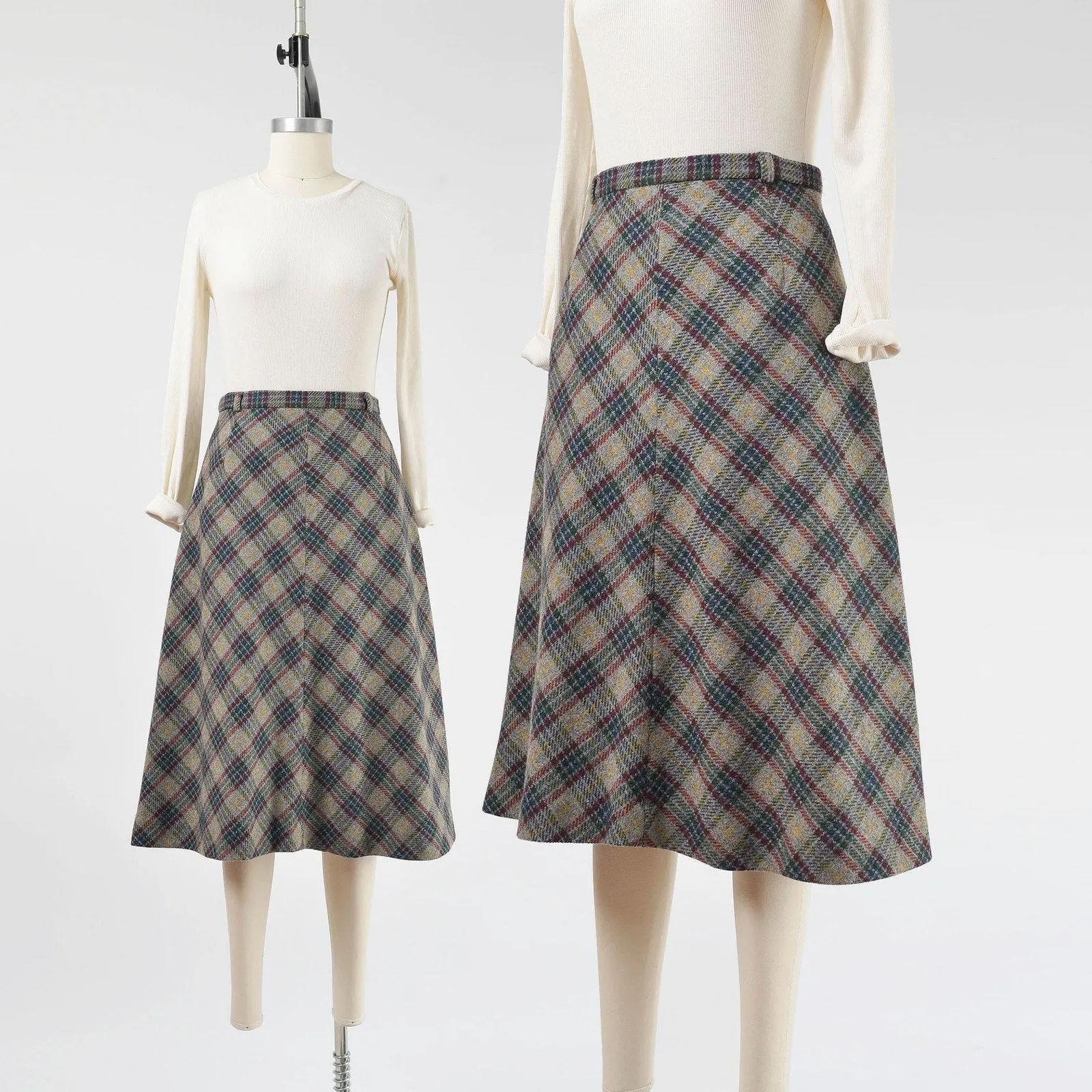 Vintage 70s Gray Plaid Skirt Wool A-line Midi Skirt Preppy Academia Style size Small