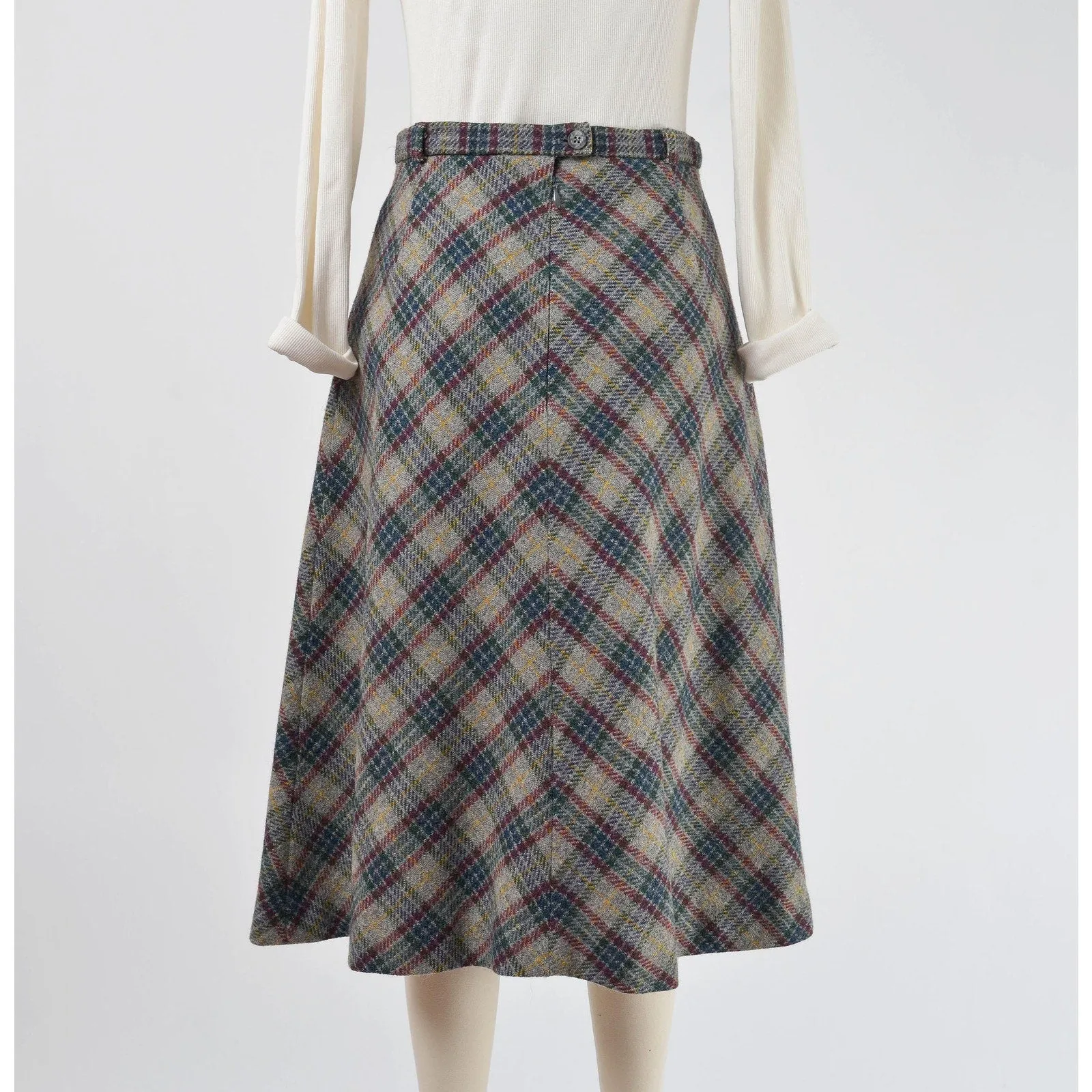 Vintage 70s Gray Plaid Skirt Wool A-line Midi Skirt Preppy Academia Style size Small