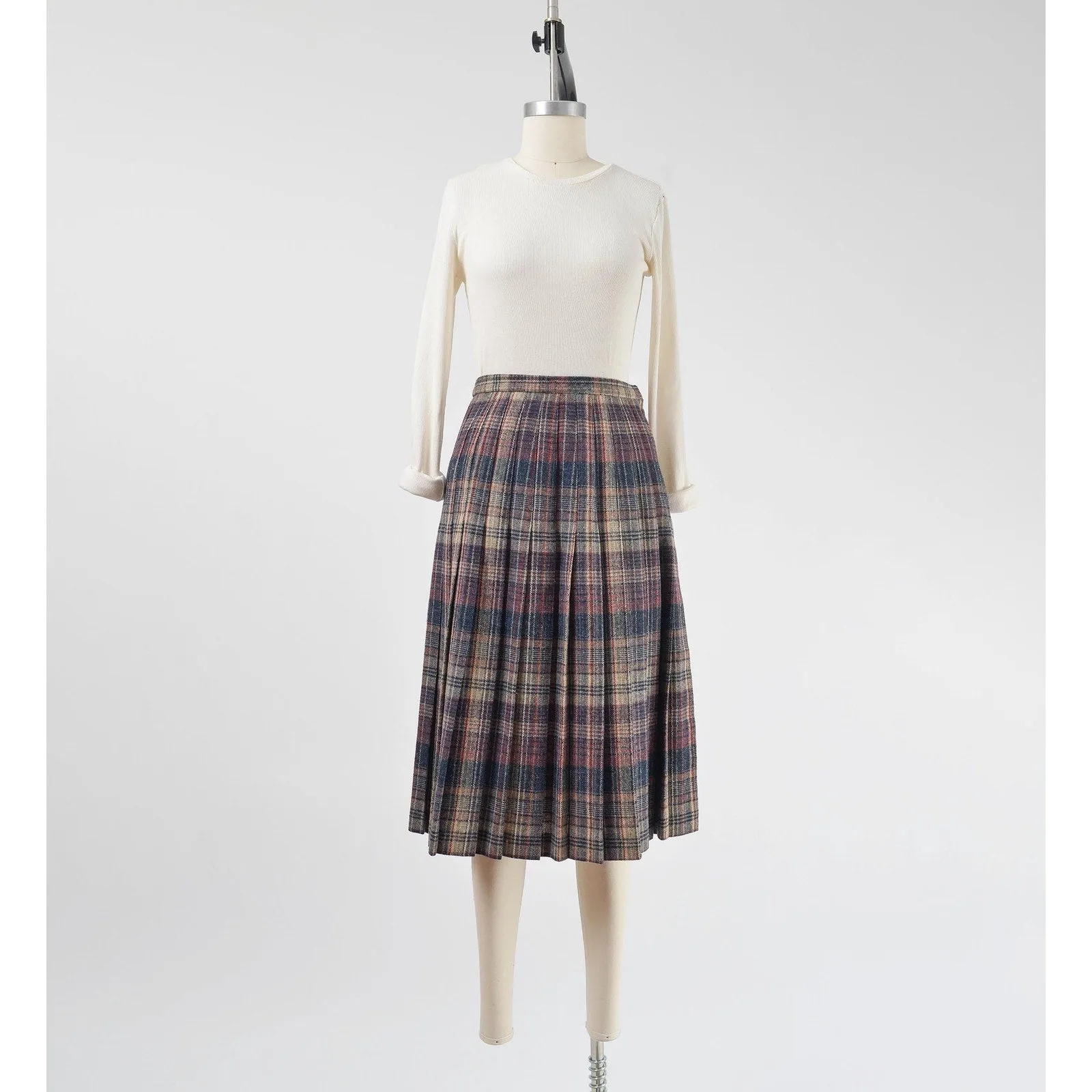 Vintage 70s Plaid Pleated Wool Skirt Preppy Academia Midi Skirt size Small