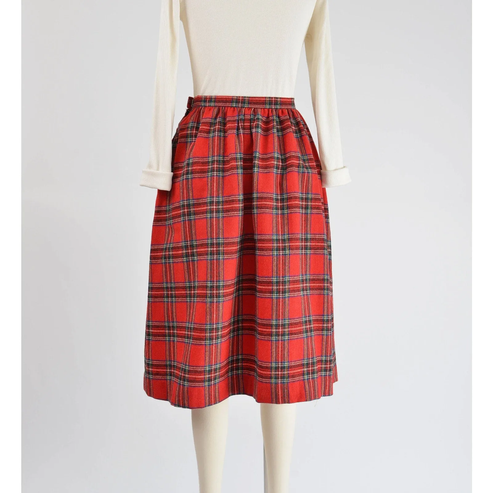 Vintage 70s Red Tartan Plaid Wool Blend Preppy Full Midi Skirt with Pockets size Small