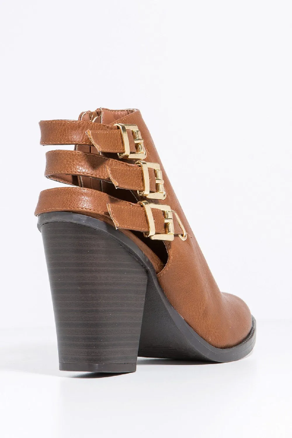 Whiskey Tan Strappy Buckle Vegan Faux Leather Ankle Women's Booties