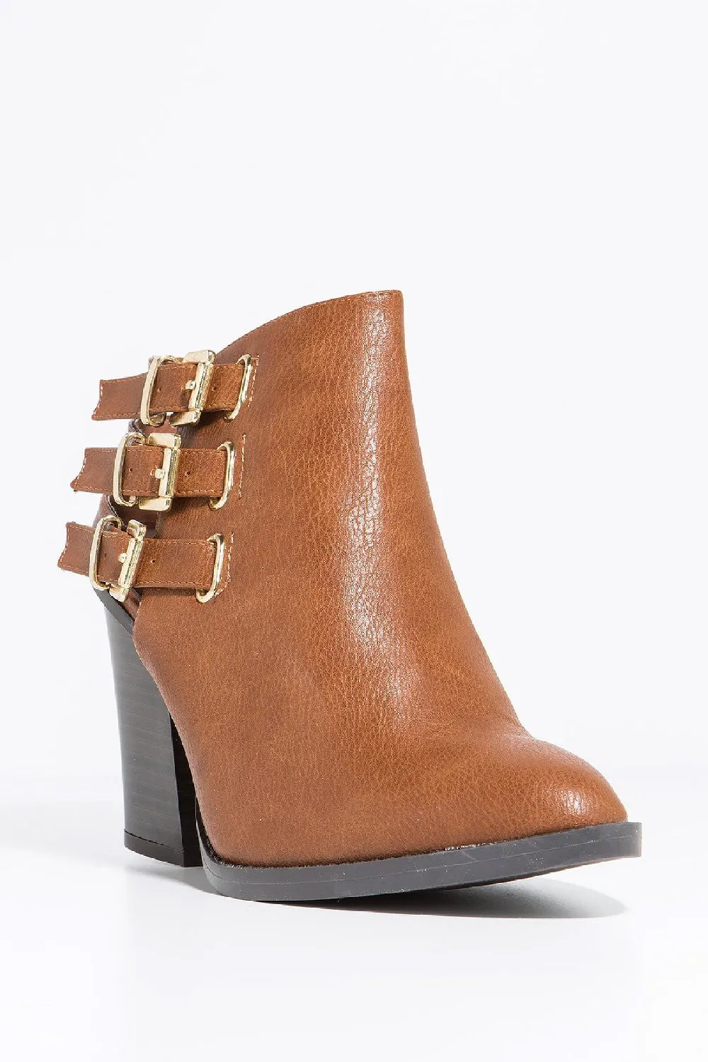 Whiskey Tan Strappy Buckle Vegan Faux Leather Ankle Women's Booties