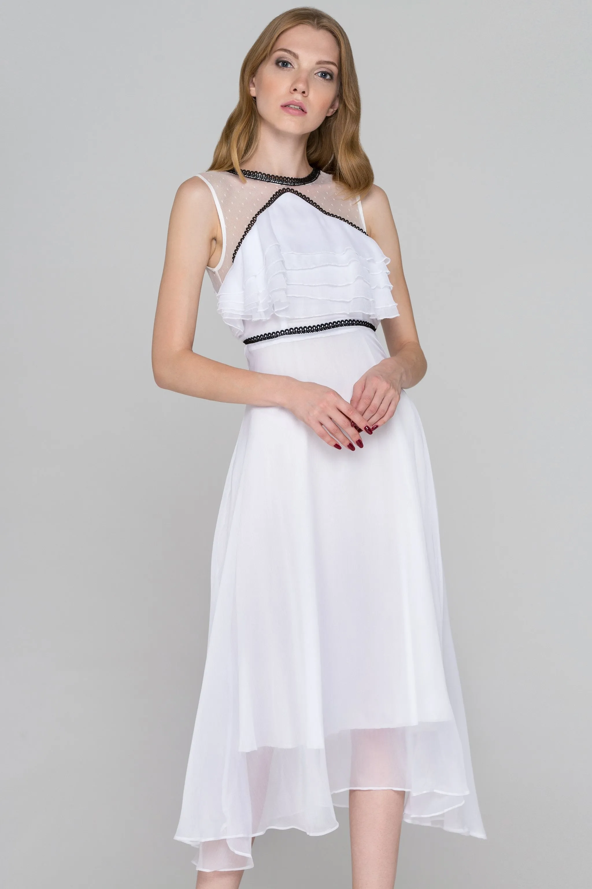 White and Black Trim Sheer Chiffon midi Dress