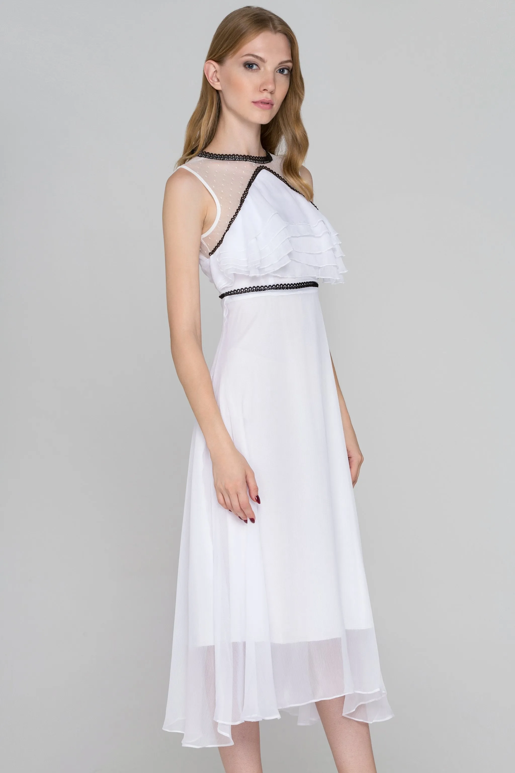 White and Black Trim Sheer Chiffon midi Dress