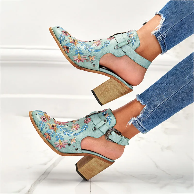 Women summer boots | Embroidery studded slingback buckle strap chunky heeled booties