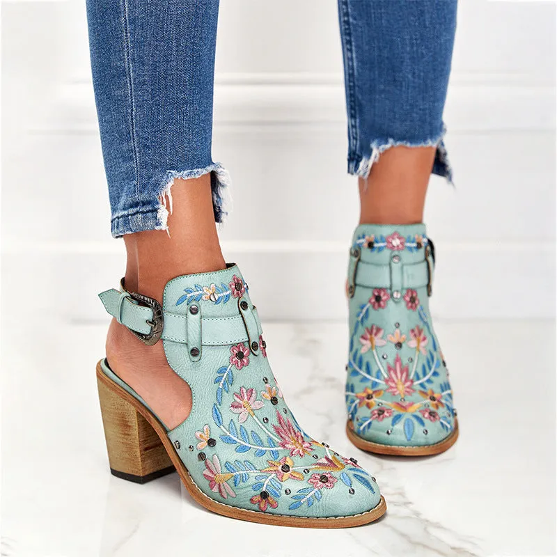 Women summer boots | Embroidery studded slingback buckle strap chunky heeled booties