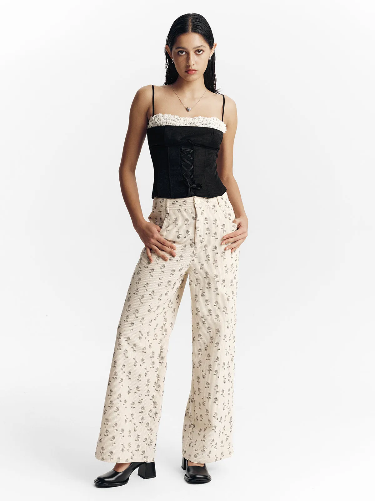 Women's Corduroy Floral Wide Leg Pants