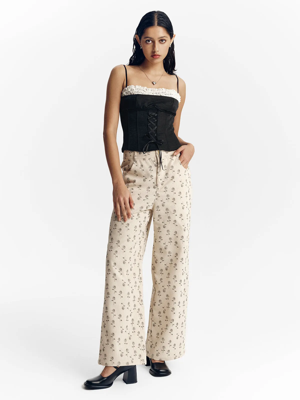 Women's Corduroy Floral Wide Leg Pants