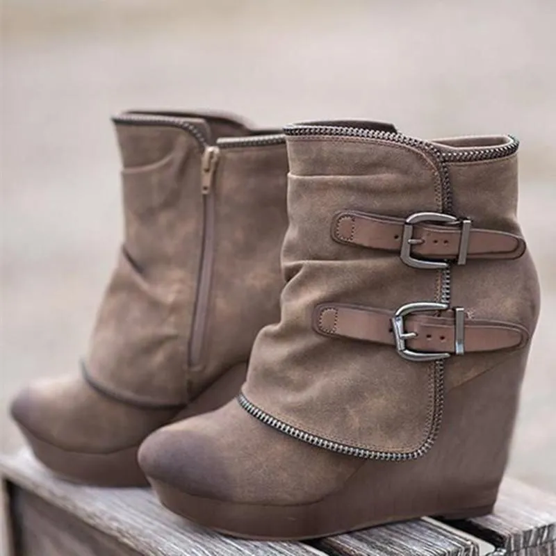 Women's fashion buckle strap wedge heel ankle booties