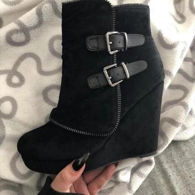 Women's fashion buckle strap wedge heel ankle booties