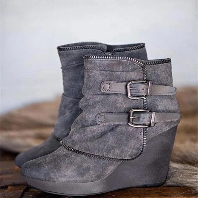 Women's fashion buckle strap wedge heel ankle booties