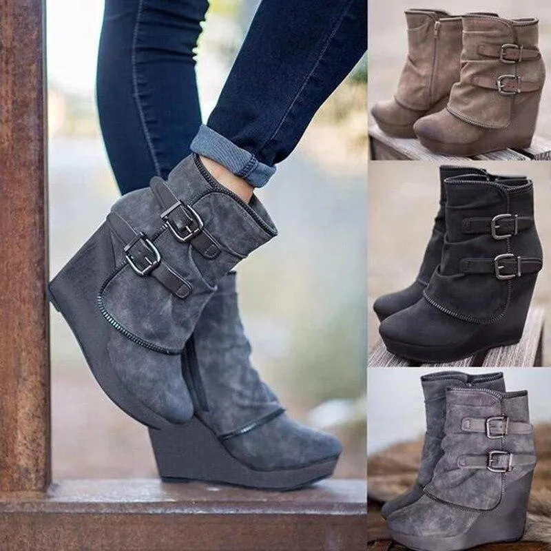 Women's fashion buckle strap wedge heel ankle booties