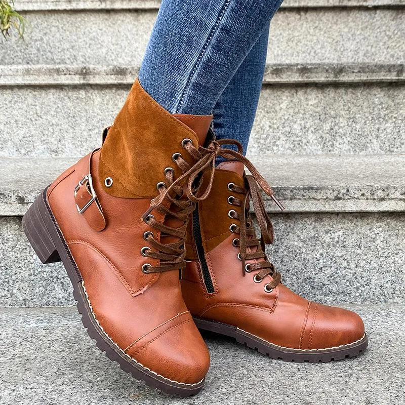 Women's vintage zipper combat boots buckle strap front lace booties